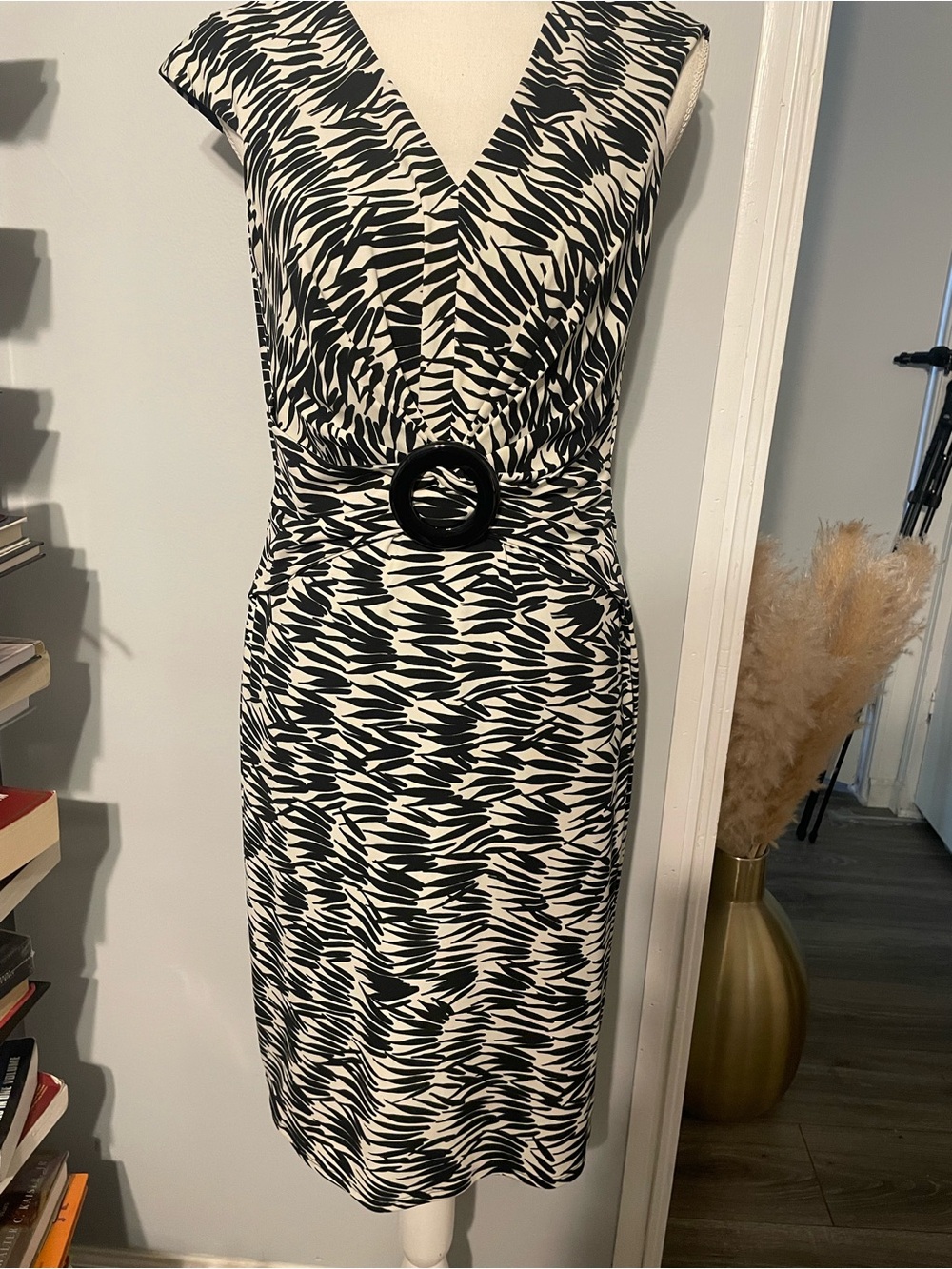 David Meister Black and White Zebra-Print Midi Dress with Belt
